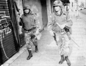 2,000 California Army National Guardsmen patrolled the city to enforce the law in the 1992 Los Angeles riots.